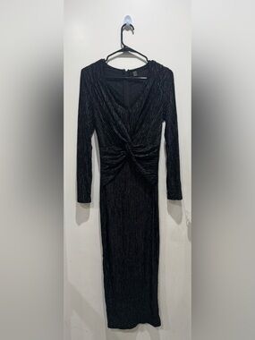 SHEIN-Black Long Sleeve Twist Front Midi Dress